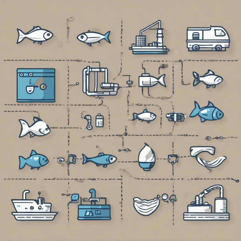 Chain of supply icons from oil rig -> factory -> box shipment -> clothes store -> washing machine -> fish eating microfibers