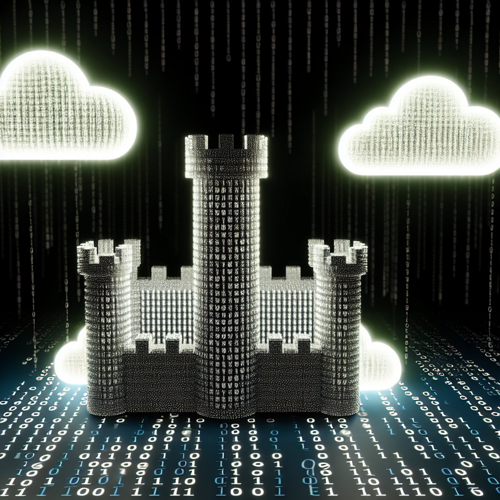 A digital fortress surrounding cloud data, symboli